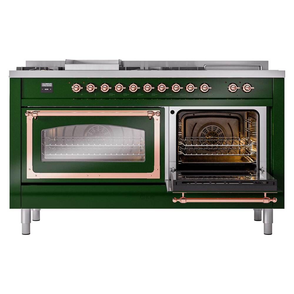 ILVE UN60FSNMPEGPLP Nostalgie II Noblesse 60 inch Dual Fuel Range (7 Sealed Burners + Griddle + French Top, Liquid Propane, Triple Glass Door, Emerald Green, Copper)