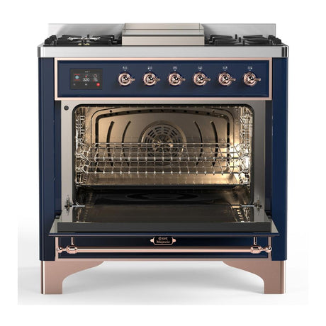 ILVE UM36FQNR3MBPLP Majestic III 36 inch Dual Fuel Range with 6 Black Brass Burners and Griddle, Dual Function Burner up to 25,000 BTU (Solid Door, Midnight Blue, Copper, Liquid Propane)