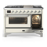 ILVE UM48FNR3AWCLP Majestic III 48 inch Dual Fuel Range with 8 Burners and Griddle, Dual Function Burner up to 25,000 BTU (Liquid Propane, Triple Glass Door, Antique White, Chrome)
