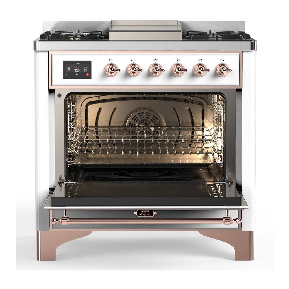 ILVE UM36FQNR3WHP Majestic III 36 inch Dual Fuel Range with 6 Black Brass Burners and Griddle, Dual Function Burner up to 25,000 BTU (Solid Door, White, Copper, Natural Gas)