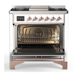 ILVE UM36FQNR3WHP Majestic III 36 inch Dual Fuel Range with 6 Black Brass Burners and Griddle, Dual Function Burner up to 25,000 BTU (Solid Door, White, Copper, Natural Gas)