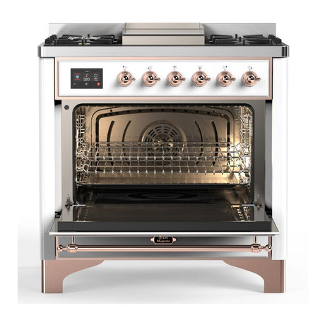 ILVE UM36FQNR3WHP Majestic III 36 inch Dual Fuel Range with 6 Black Brass Burners and Griddle, Dual Function Burner up to 25,000 BTU (Solid Door, White, Copper, Natural Gas)