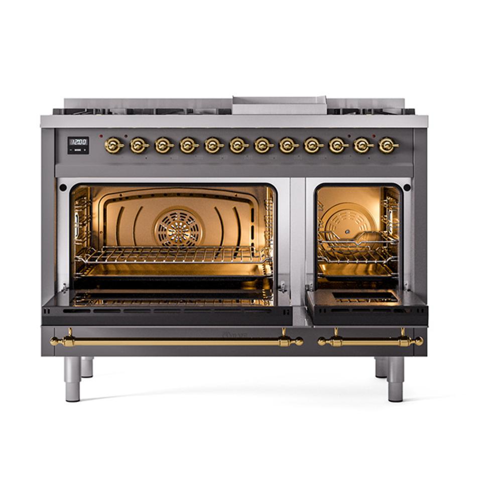 ILVE UN48FNMPMGG Nostalgie II Noblesse 48 inch Dual Fuel Range (8 Sealed Burners + Griddle, Natural Gas, Triple Glass Door, Graphite Matte, Brass)