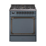 ILVE UN30QNMPBGBLP Nostalgie II Noblesse 30 inch Dual Fuel Range (Liquid Propane, Solid Door, Blue Grey, Burnished)
