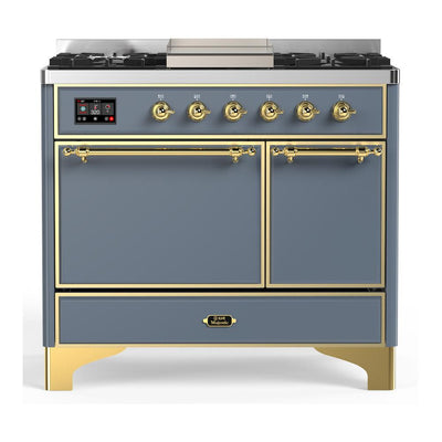 ILVE UMD40FQNR3BGG Majestic III 40 inch Dual Fuel Range with 6 Burners and Griddle, Dual Function Burner up to 25,000 BTU (Natural Gas, Solid Door, Blue Grey, Brass)