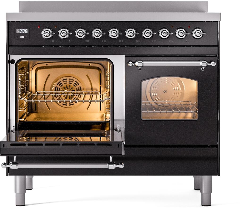 Nostalgie II 40 Inch Electric Freestanding Range in Glossy Black with Chrome Trim