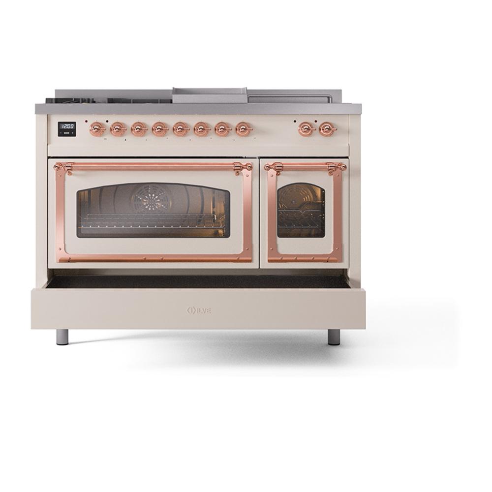 ILVE UN48FSNMPAWP Nostalgie II Noblesse 48 inch Dual Fuel Range (5 Sealed Burners + Griddle + French Top, Natural Gas, Triple Glass Door, Antique White, Copper)