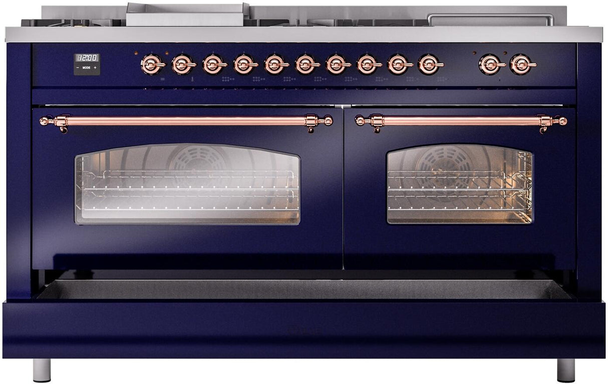 Nostalgie II 60 Inch Dual Fuel Liquid Propane Freestanding Range in Blue with Copper Trim