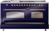 Nostalgie II 60 Inch Dual Fuel Liquid Propane Freestanding Range in Blue with Copper Trim