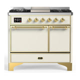 ILVE UMD40FQNR3AWG Majestic III 40 inch Dual Fuel Range with 6 Burners and Griddle, Dual Function Burner up to 25,000 BTU (Natural Gas, Solid Door, Antique White, Brass)
