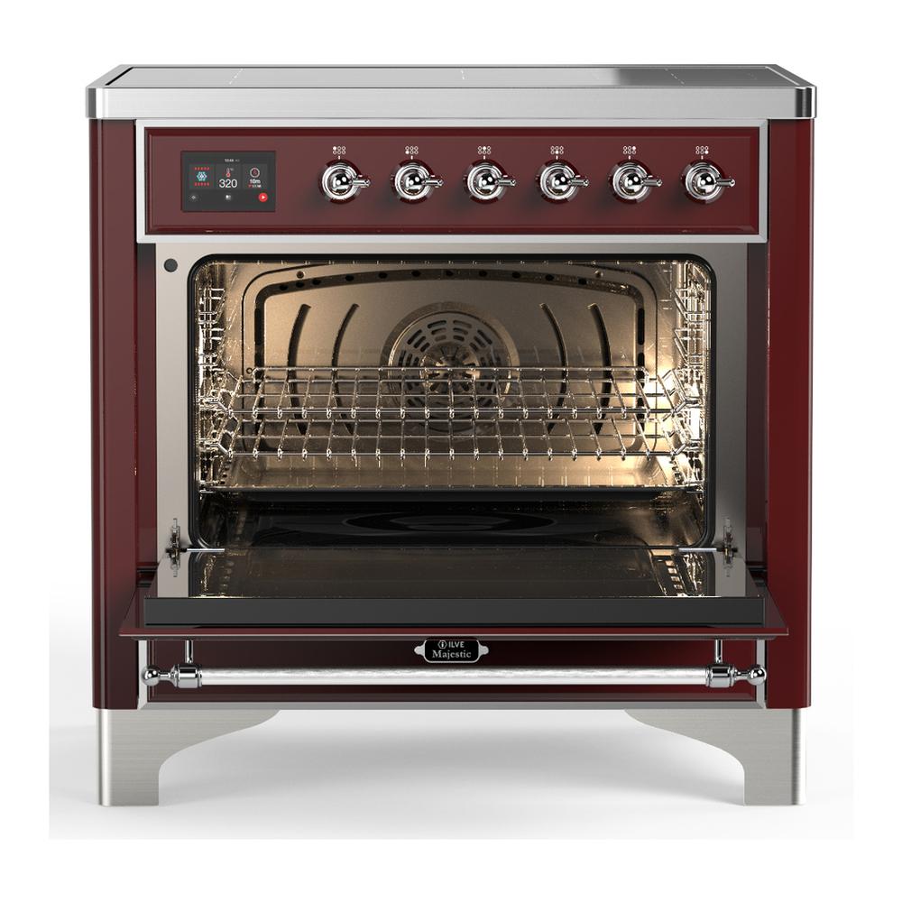 ILVE UMIB36QNR3BUC Majestic III 36 inch Induction Range with 6 Elements, 3.5 cu. ft. Total Oven Capacity (Solid Door, Burgundy, Chrome)