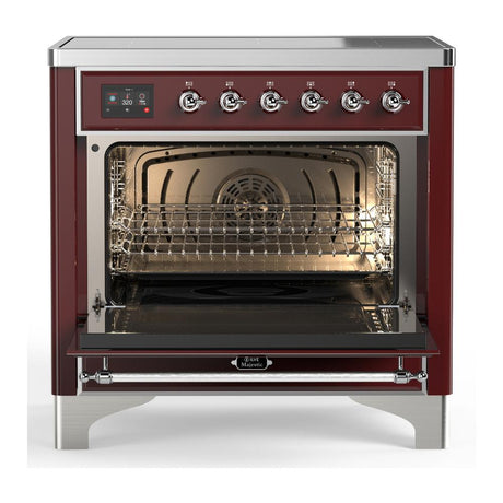 ILVE UMIB36QNR3BUC Majestic III 36 inch Induction Range with 6 Elements, 3.5 cu. ft. Total Oven Capacity (Solid Door, Burgundy, Chrome)