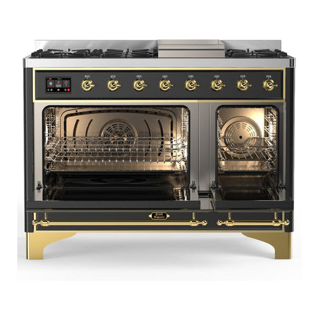ILVE UM48FNR3MGG Majestic III 48 inch Dual Fuel Range with 8 Burners and Griddle, Dual Function Burner up to 25,000 BTU (Natural Gas, Triple Glass Door, Graphite Matte, Brass)