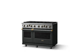 48"W. Open Burner Gas Range (Finish: Antique Bronze, Trim: Brushed Brass, Fuel: Natural Gas)