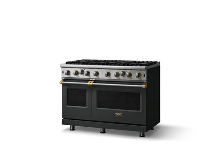 48"W. Open Burner Gas Range (Finish: Antique Bronze, Trim: Brushed Brass, Fuel: Natural Gas)