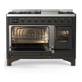 ILVE UM48FNR3MGBLP Majestic III 48 inch Dual Fuel Range with 8 Burners and Griddle, Dual Function Burner up to 25,000 BTU (Liquid Propane, Triple Glass Door, Graphite Matte, Burnished)