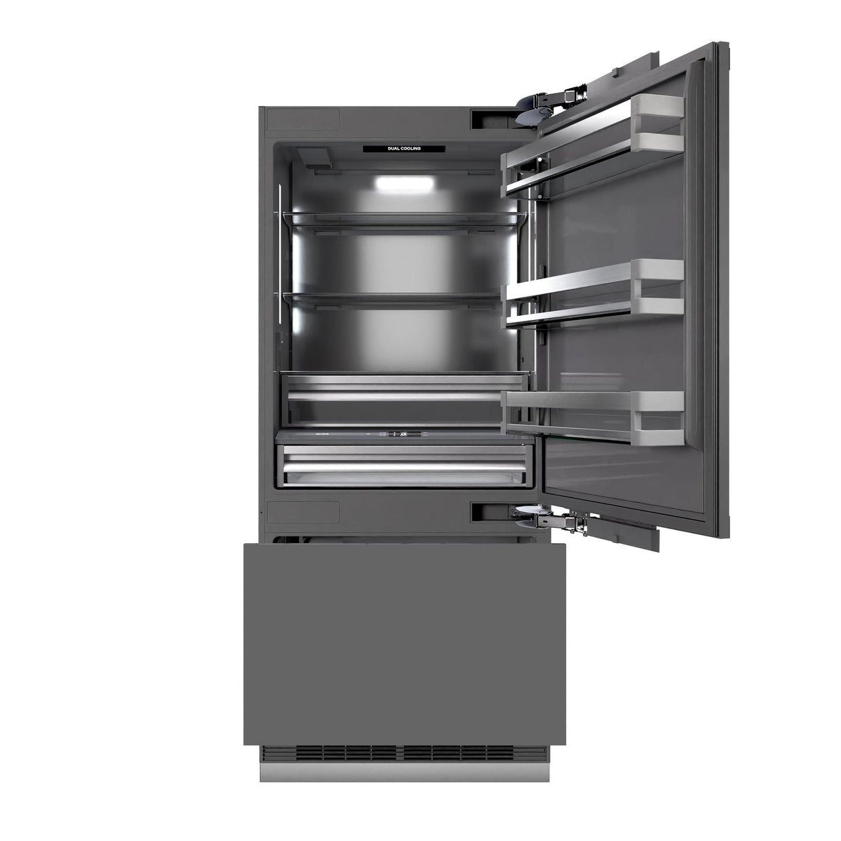 ZLINE Autograph Edition 36 in. 19.8 cu. ft. Panel Ready Built-In Bottom Freezer Refrigerator with Water Dispenser and Ice Maker with Graphite Gray Interior and Champagne Bronze Accents (GRBITZ-36-CB)