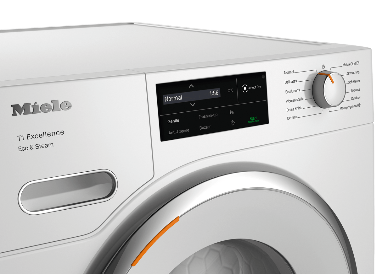 TXI680WP Eco & Steam Lotus white - T1 Heat-Pump Dryer: 18lb  ComfortSensor  SteamFinish  Honeycomb drum  FragranceDos  Miele@home
