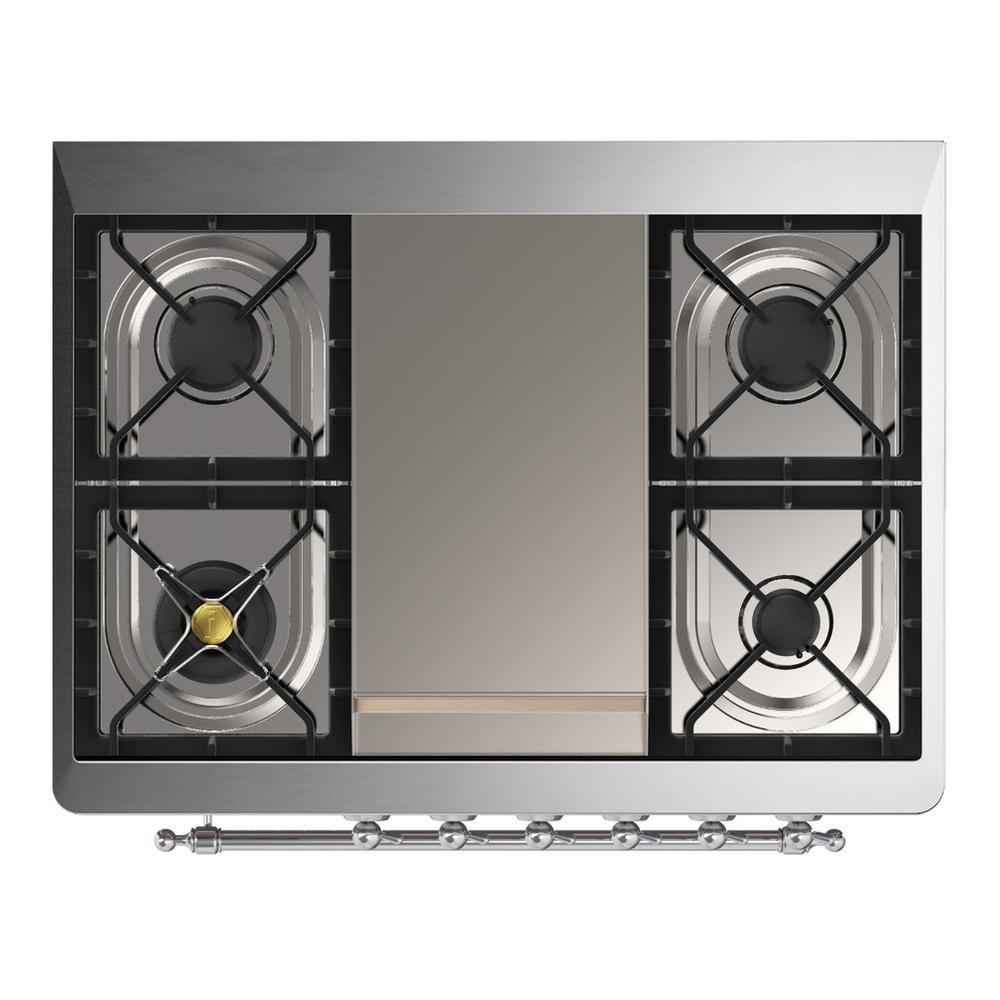 ILVE UM36FQNR3MBC Majestic III 36 inch Dual Fuel Range with 6 Black Brass Burners and Griddle, Dual Function Burner up to 25,000 BTU (Solid Door, Midnight Blue, Chrome, Natural Gas)