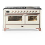 ILVE UM60FNR3AWP Majestic III 60 inch Dual Fuel Range with 9 Burners and Griddle, Dual Function Burner up to 25,000 BTU (Natural Gas, Triple Glass Door, Antique White, Copper)