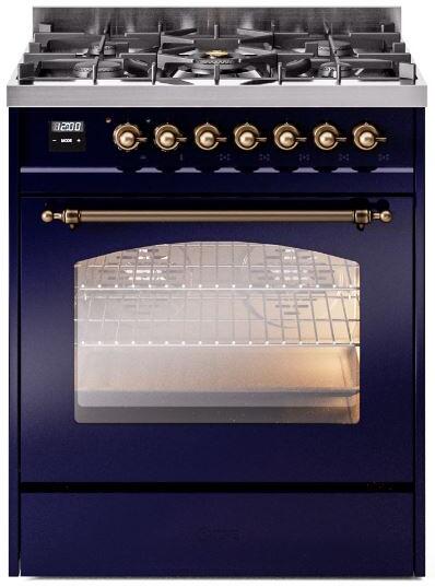 Nostalgie II 30 Inch Dual Fuel Natural Gas Freestanding Range in Blue with Bronze Trim