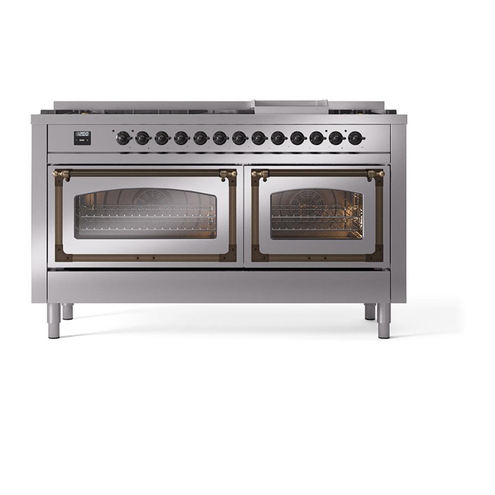 ILVE UN60FNMPSSBLP Nostalgie II Noblesse 60 inch Dual Fuel Range (9 Sealed Burners + Griddle, Liquid Propane, Triple Glass Door, Stainless Steel, Burnished)