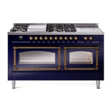 ILVE UN60FSNMPMBBLP Nostalgie II Noblesse 60 inch Dual Fuel Range (7 Sealed Burners + Griddle + French Top, Liquid Propane, Triple Glass Door, Midnight Blue, Burnished)
