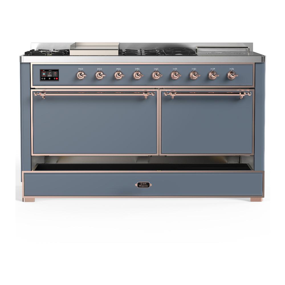 ILVE UM60FSQNR3BGPLP Majestic III 60 inch Dual Fuel Range with 7 Burners, Griddle and French Top, Dual Function Burner with up to 25,000 BTU (Liquid Propane, Solid Door, Blue Grey, Copper)