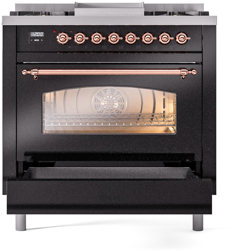 Nostalgie II 36 Inch Dual Fuel Liquid Propane Freestanding Range in Glossy Black with Copper Trim