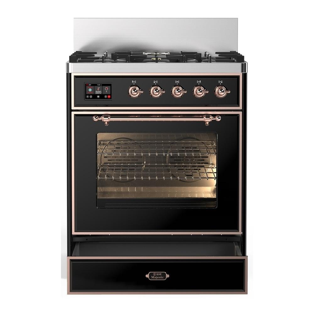 ILVE UM30NR3BKPLP Majestic III 30 inch Dual Fuel Range with 5 Black Brass Burners, Dual Function Burner up to 25,000 BTU (Liquid Propane, Triple Glass Door, Glossy Black, Copper)