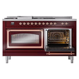 ILVE UN60FSNMPBUPLP Nostalgie II Noblesse 60 inch Dual Fuel Range (7 Sealed Burners + Griddle + French Top, Liquid Propane, Triple Glass Door, Burgundy, Copper)