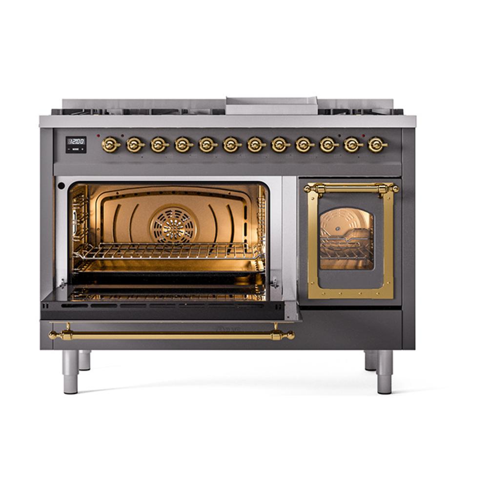 ILVE UN48FNMPMGG Nostalgie II Noblesse 48 inch Dual Fuel Range (8 Sealed Burners + Griddle, Natural Gas, Triple Glass Door, Graphite Matte, Brass)