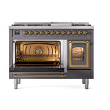 ILVE UN48FNMPMGG Nostalgie II Noblesse 48 inch Dual Fuel Range (8 Sealed Burners + Griddle, Natural Gas, Triple Glass Door, Graphite Matte, Brass)