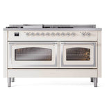 ILVE UN60FSNMPAWC Nostalgie II Noblesse 60 inch Dual Fuel Range (7 Sealed Burners + Griddle + French Top, Natural Gas, Triple Glass Door, Antique White, Chrome)