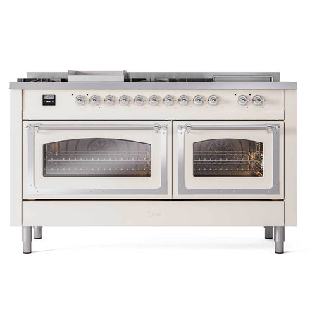 ILVE UN60FSNMPAWC Nostalgie II Noblesse 60 inch Dual Fuel Range (7 Sealed Burners + Griddle + French Top, Natural Gas, Triple Glass Door, Antique White, Chrome)