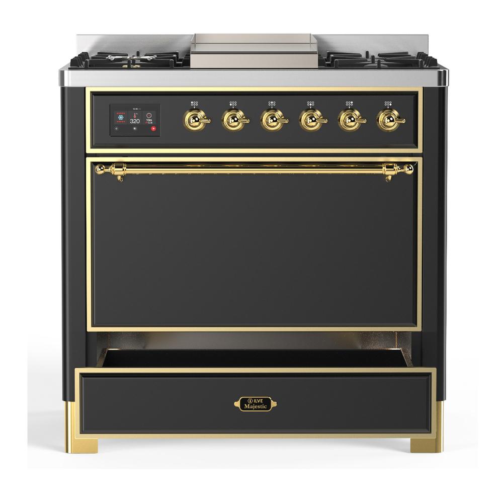 ILVE UM36FQNR3MGGLP Majestic III 36 inch Dual Fuel Range with 6 Black Brass Burners and Griddle, Dual Function Burner up to 25,000 BTU (Solid Door, Graphite Matte, Brass, Liquid Propane)