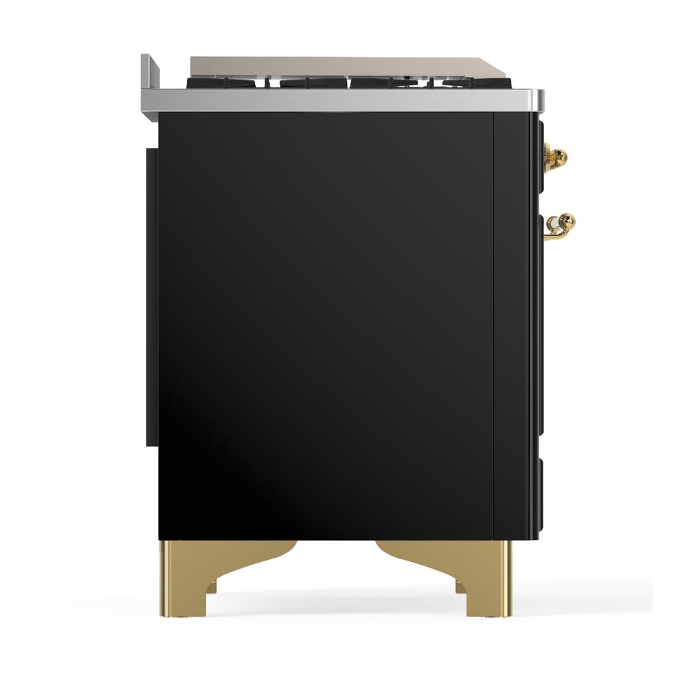 ILVE UM48FNR3BKGLP Majestic III 48 inch Dual Fuel Range with 8 Burners and Griddle, Dual Function Burner up to 25,000 BTU (Liquid Propane, Triple Glass Door, Glossy Black, Brass)
