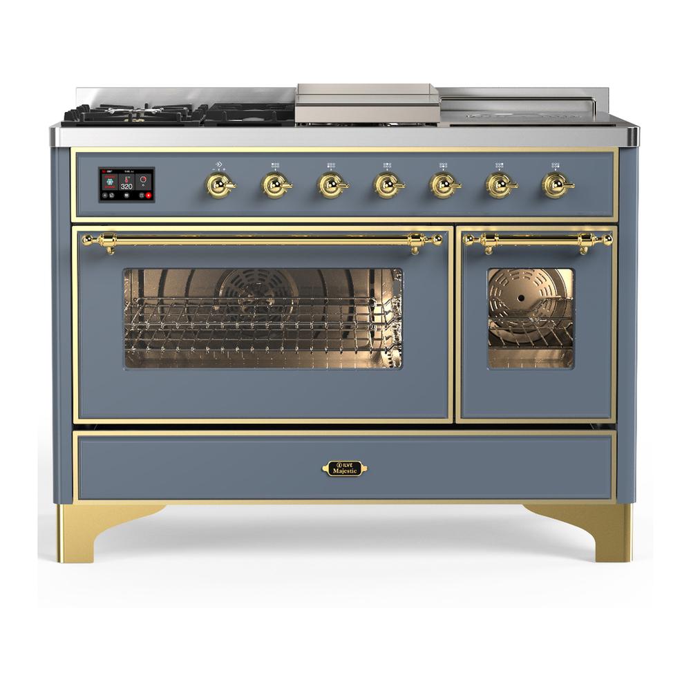 ILVE UM48FSNR3BGG Majestic III 48 inch Dual Fuel Range with 5 Black Brass Burners, Griddle and French Top, Dual Function Burner up to 25,000 BTU (Natural Gas, Triple Glass Door, Blue Grey, Brass)