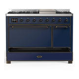ILVE UM48FQNR3MBBLP Majestic III 48 inch Dual Fuel Range with 8 Burners and Griddle, Dual Function Burner up to 25,000 BTU (Liquid Propane, Solid Door, Midnight Blue, Burnished)