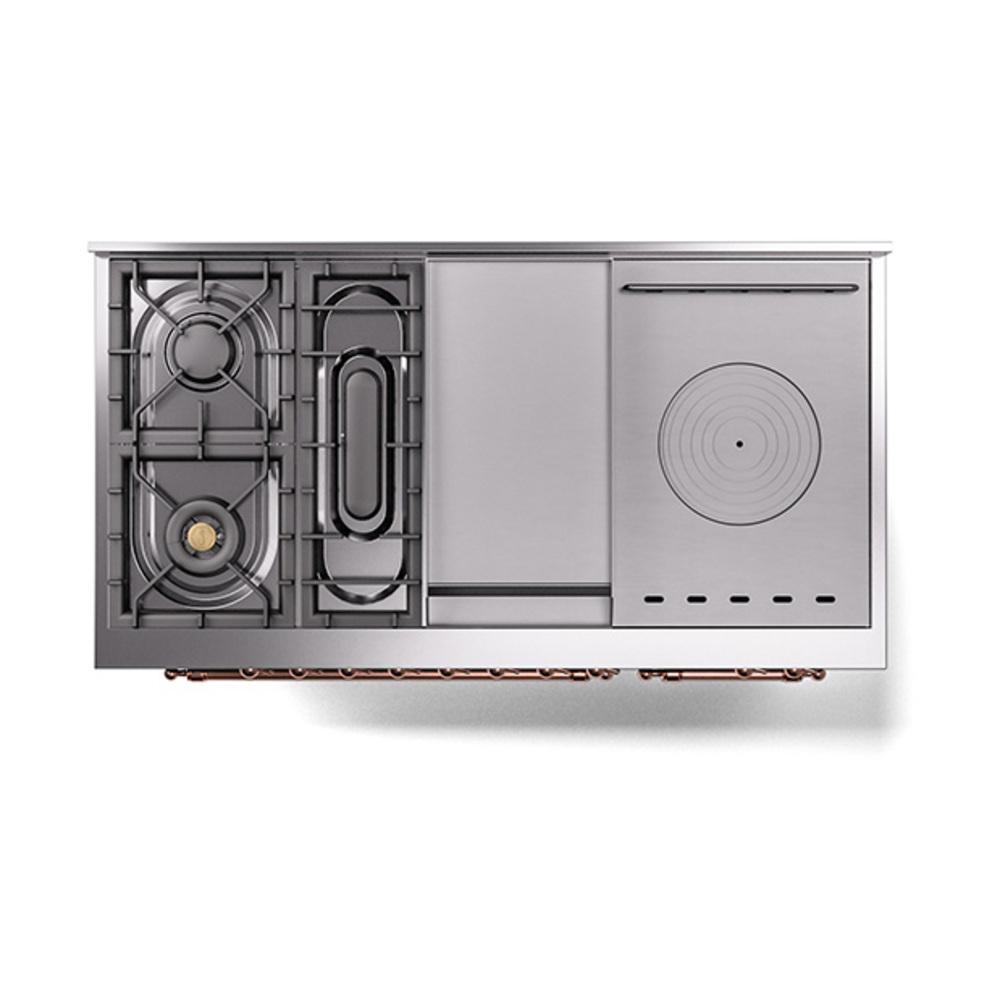 ILVE UN48FSQNMPMBP Nostalgie II Noblesse 48 inch Dual Fuel Range (5 Sealed Burners + Griddle + French Top, Natural Gas, Solid Door, Midnight Blue, Copper)