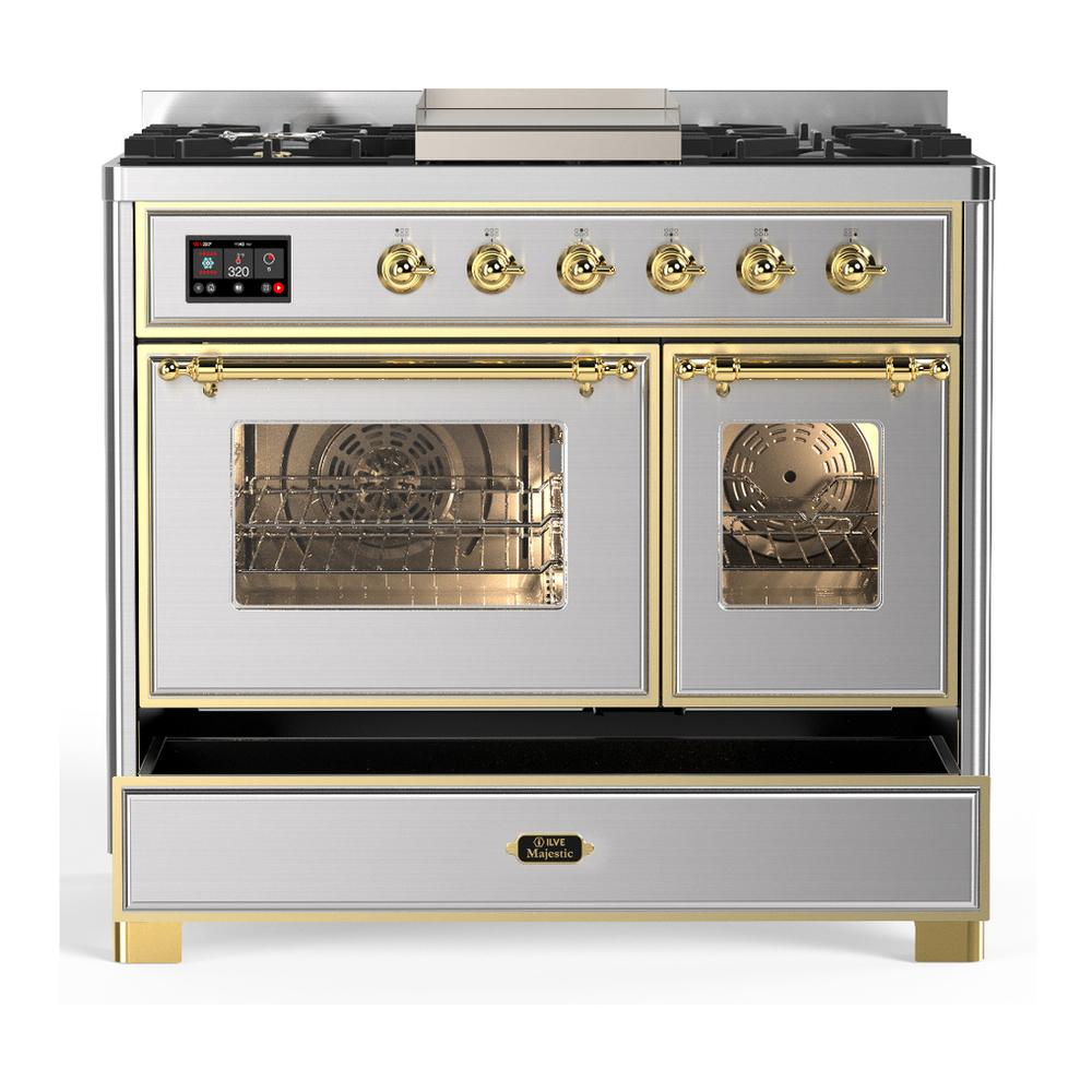 ILVE UMD40FNR3SSG Majestic III 40 inch Dual Fuel Range with 6 Burners and Griddle, Dual Function Burner up to 25,000 BTU (Natural Gas, Triple Glass Door, Stainless Steel, Brass)