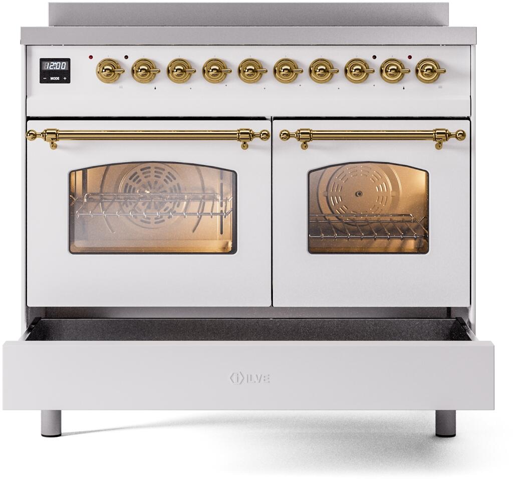 Nostalgie II 40 Inch Electric Freestanding Range in White with Brass Trim
