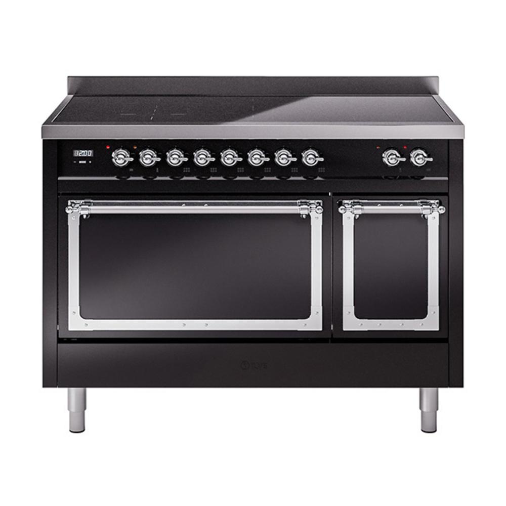 ILVE UNI486QNMPBKC Nostalgie II Noblesse 48 inch Induction Range (Solid Door, Glossy Black, Chrome)