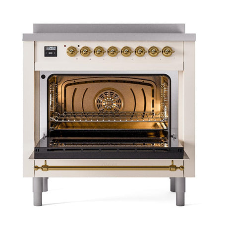 ILVE UNI366QNMPAWG Nostalgie II Noblesse 36 inch Induction Range (Solid Door, Antique White, Brass)