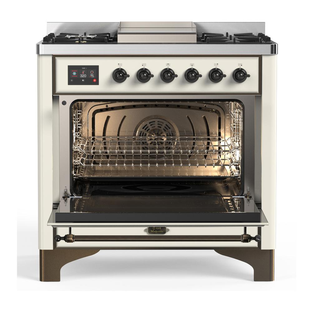 ILVE UM36FQNR3AWB Majestic III 36 inch Dual Fuel Range with 6 Black Brass Burners and Griddle, Dual Function Burner up to 25,000 BTU (Solid Door, Antique White, Burnished, Natural Gas)