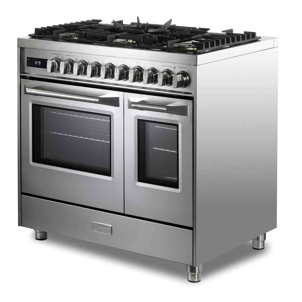 Verona VUFSGE365DSS 36 inch Ultima Collection Double Oven Dual Fuel Range with 5 Brass Burners, 4.1 cu. ft. Total Oven Capacity