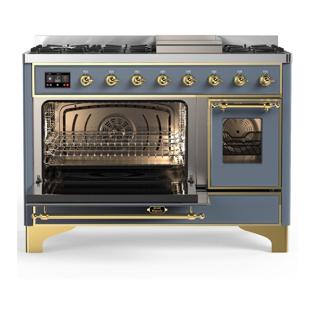 ILVE UM48FNR3BGGLP Majestic III 48 inch Dual Fuel Range with 8 Burners and Griddle, Dual Function Burner up to 25,000 BTU (Liquid Propane, Triple Glass Door, Blue Grey, Brass)