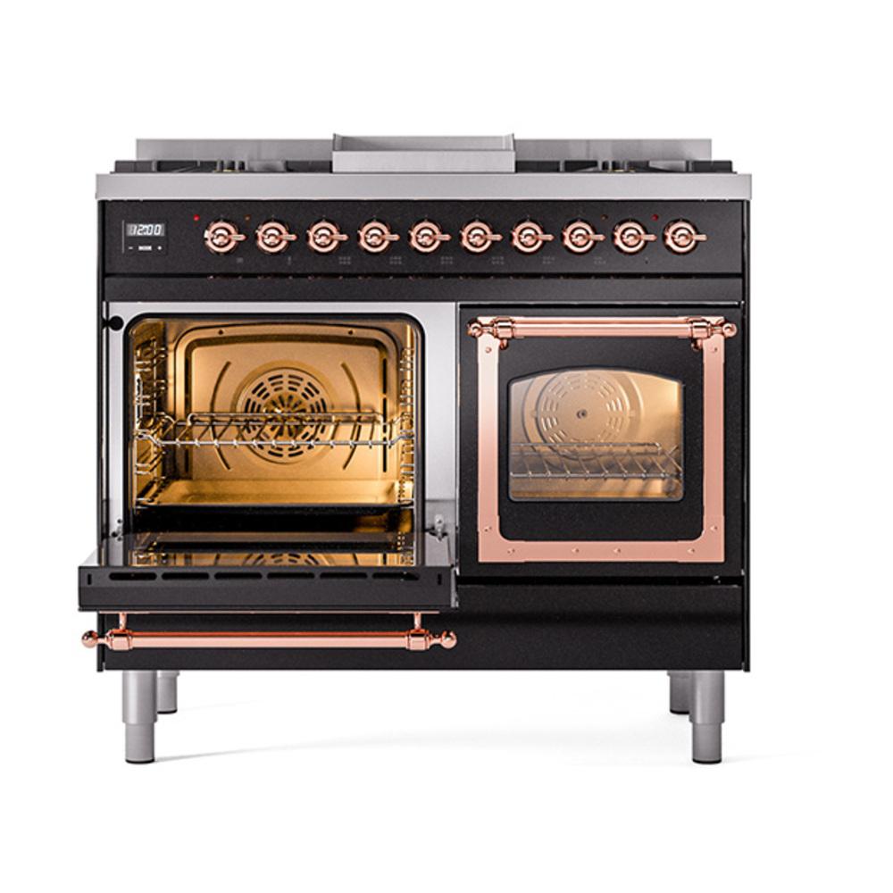 ILVE UND40FNMPBKPLP Nostalgie II Noblesse 40 inch Dual Fuel Range (Liquid Propane, Triple Glass Door, Glossy Black, Copper)