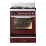 ILVE UM30NR3BUC Majestic III 30 inch Dual Fuel Range with 5 Black Brass Burners, Dual Function Burner up to 25,000 BTU (Natural Gas, Triple Glass Door, Burgundy, Chrome)