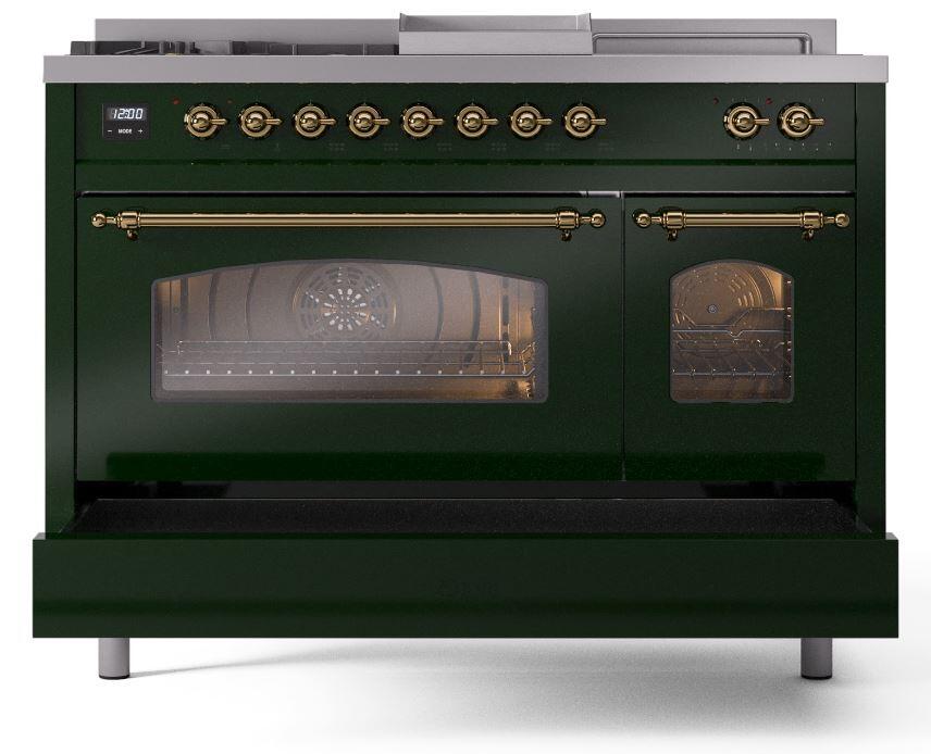Nostalgie II 48 Inch Dual Fuel Natural Gas Freestanding Range in Emerald Green with Brass Trim
